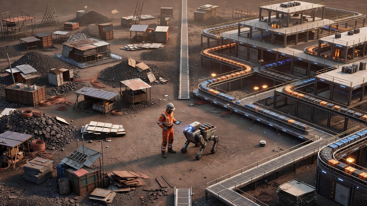 2048核基地新手基地建造场景，左半边是混乱的资源仓与建筑，右半边是整理好的梯田式布局，中间有工人和运输机器人对比