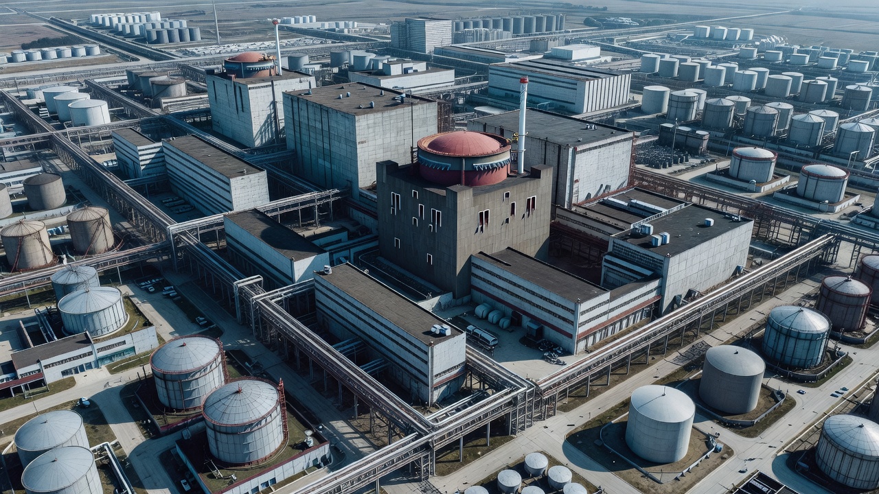 2048核基地中一座工业化基地的俯瞰图，建筑排列整齐，管道与存储罐清晰可见